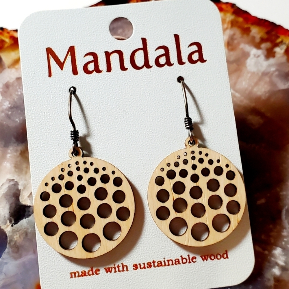 MANDALA Laser Cut Light Wood Earrings Sterling Siver Bohemian Stlye Round NWT